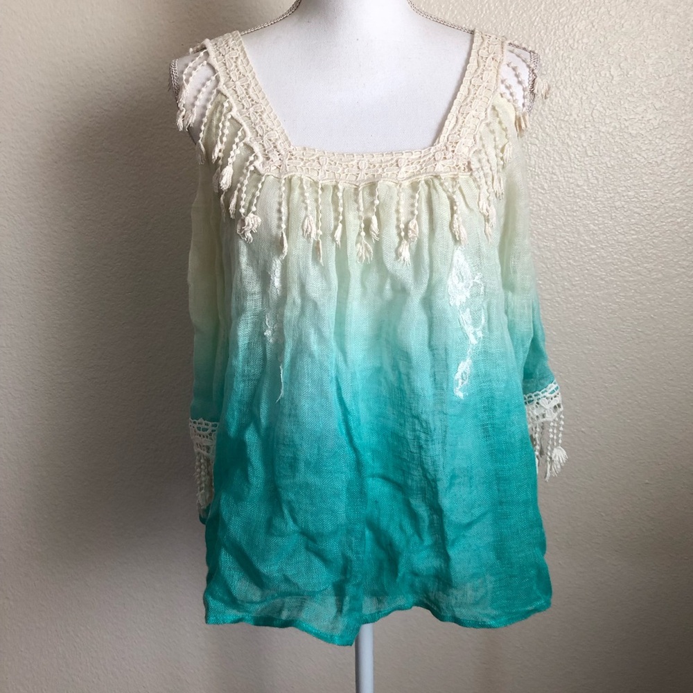 Vanita Rosa Paris st Barth 100% linen top ombré tassel dip dye Caribbean lace
